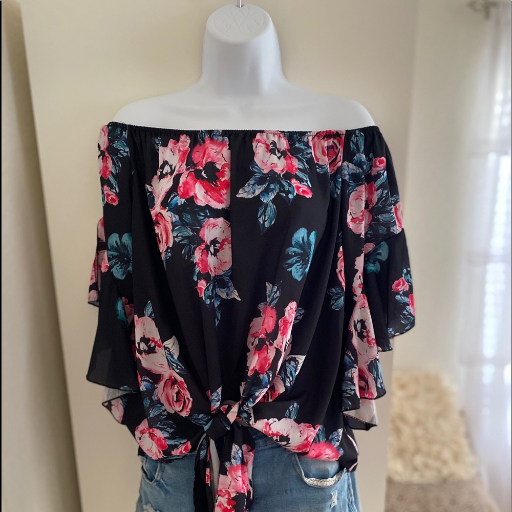 EUC_off shoulder, sexy floral blouse,  tie-front.